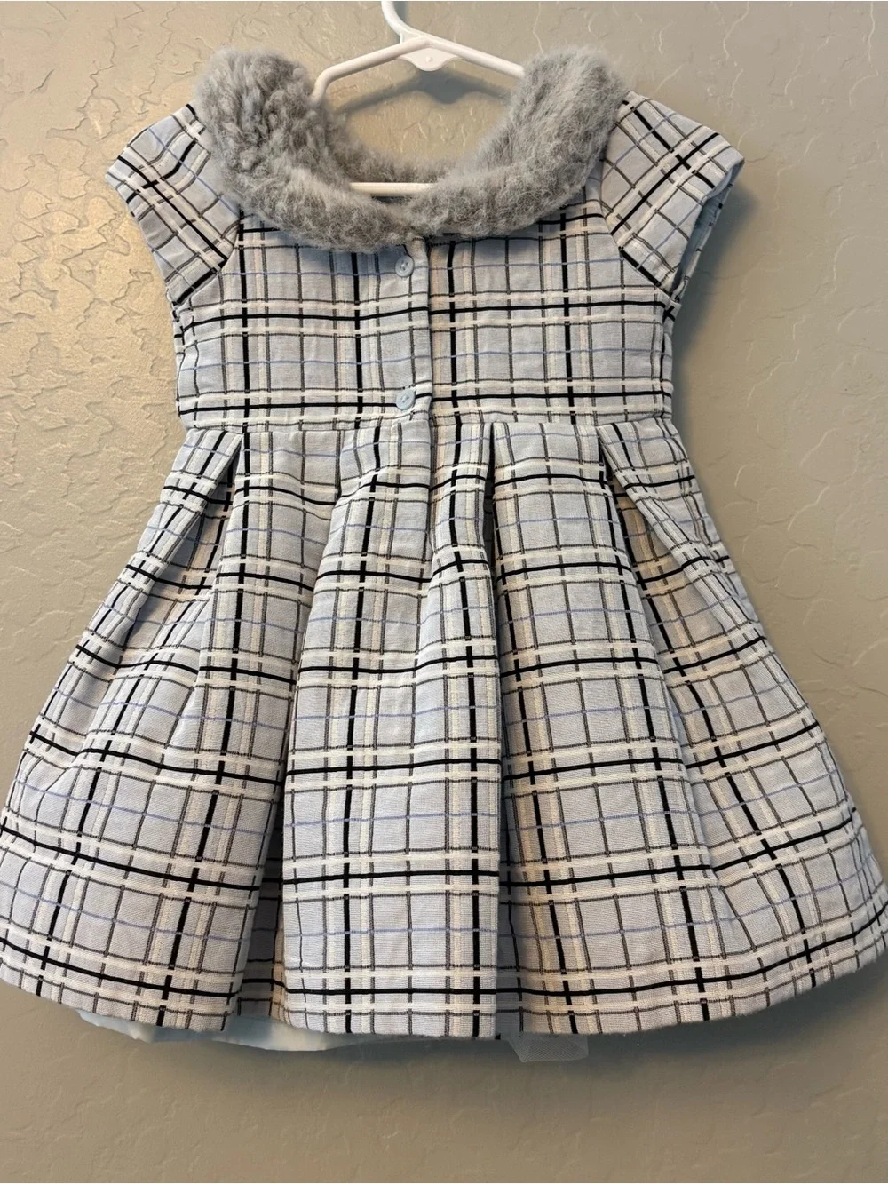 Janie and Jack Winter Wishes light blue plaid dress faux fur collar 12-18 months